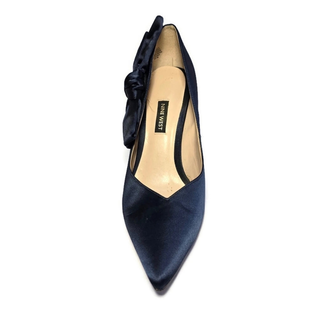 Nine West Blue Satin Oversized Bow Pumps Stilettos Heels Sz 8.5 Pointed - Picture 8 of 16